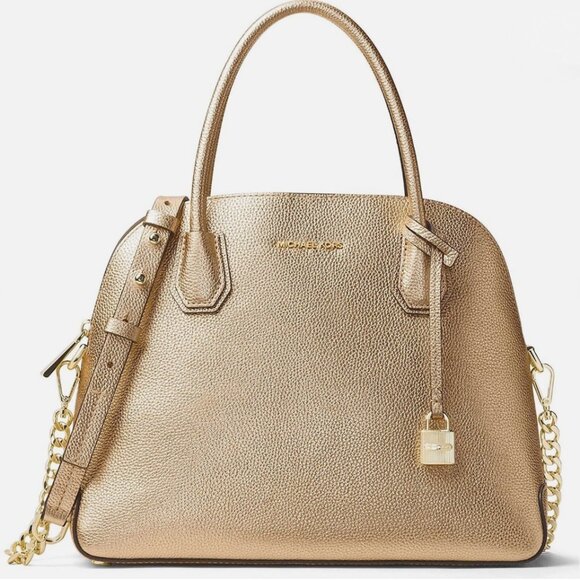 Michael Kors Mercer Metallic Gold Leather Dome Satchel Shoulder Crossbody Bag - Picture 1 of 17